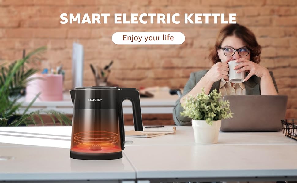 Електричний чайник Cooktron з нержавіючої сталі, 1.7л, тихий (<30дБ), без BPA, Cool Touch, подвійні стінки, швидкий нагрів