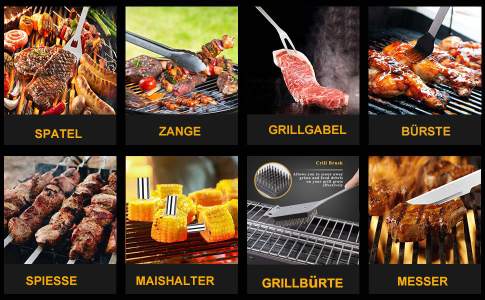Набір гриль-посуду з нержавіючої сталі 20 предметів: щипці, лопатка, фартух для барбекю, кемпінгу та відпочинку на природі