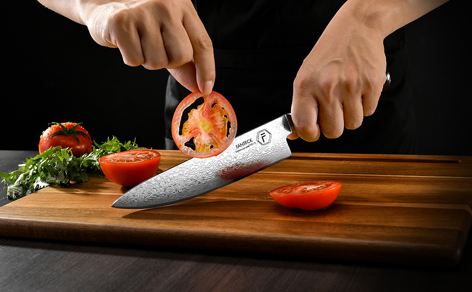 Професійний кухонний ніж FANTECK Gyuto 20 см з дамаської сталі VG-10, 67 шарів, японський шеф-ніж із руків'ям з пакка-дерева у подарунковій коробці