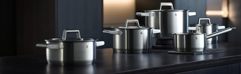 Набір каструль WMF Comfort Line Induktion 5-ти частинний з кришкою з термоскла, Cromargan нержавіюча сталь, з маркуванням, для індукційних плит, стійкий, без покриття