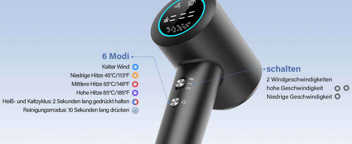 Фен з дифузором, 110000 об/хв безщітковий двигун, низький шум 57dB, для подорожей та дому, Dark Grey