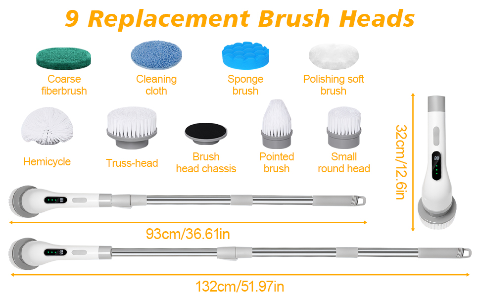 Електрична щітка для прибирання 9 в 1, 3 швидкості, регульована ручка 125 см, для ванної, кухні, плитки та авто