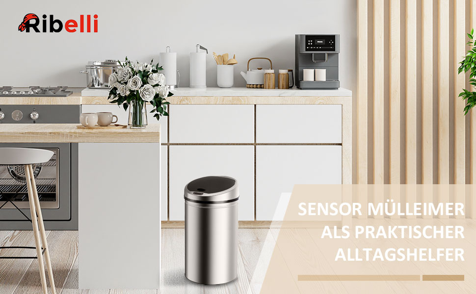 Сміттєве відро Ribelli Edelstahl з датчиком - автоматичне відкривання та закривання, Klemmring для мішка, знімний кришка, LED-індикатор (40 літрів, хром)
