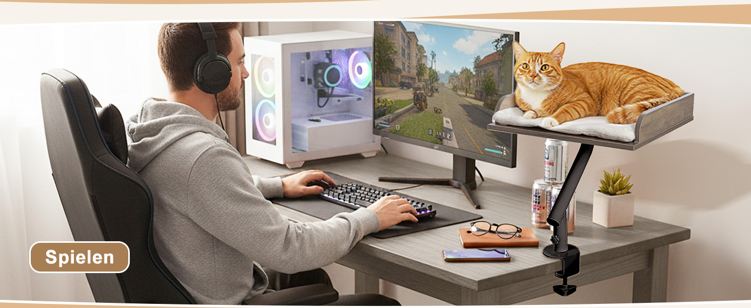 Кігтечка-ліжко для котів PAWZ Road з інтерактивним м'ячиком, крутиться на 360°, підходить для ваги до 22.5 кг (сірий, прямокутне дерев'яне ліжко)