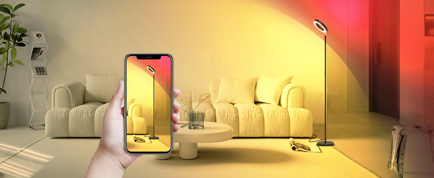 LED торшер, 42W, 16 мільйонів кольорів RGBCW, WiFi, Smart, двосторонній, для вітальні, сумісний з Alexa/Google Home, синхронізація з музикою, регульована яскравість, торшер для читання в спальню, RGB-42W