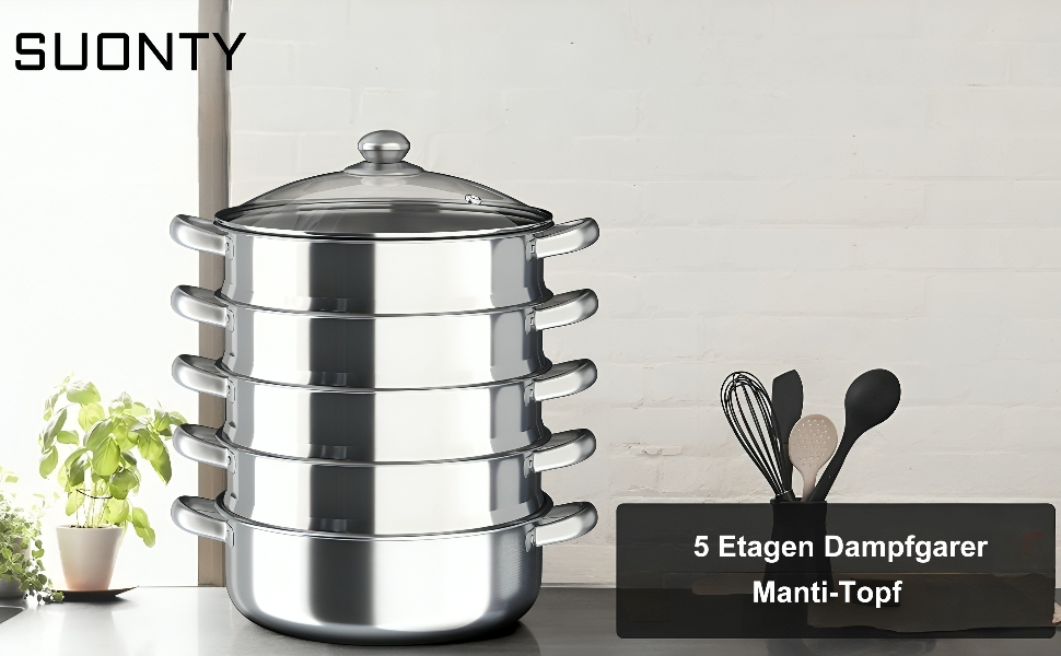 П'ятиповерховий паровар з каструлею для мантив, пароварка Mantowarka, 30 см, нержавіюча сталь, скляна кришка
