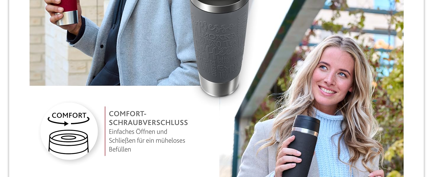 Термокружка Emsa N20220 Travel Mug Classic, 0.5 л, нержавіюча сталь, чорна, з кришкою Comfort-Verschluss, 6 год гаряча, 12 год холодна, 100% герметична, для подорожей