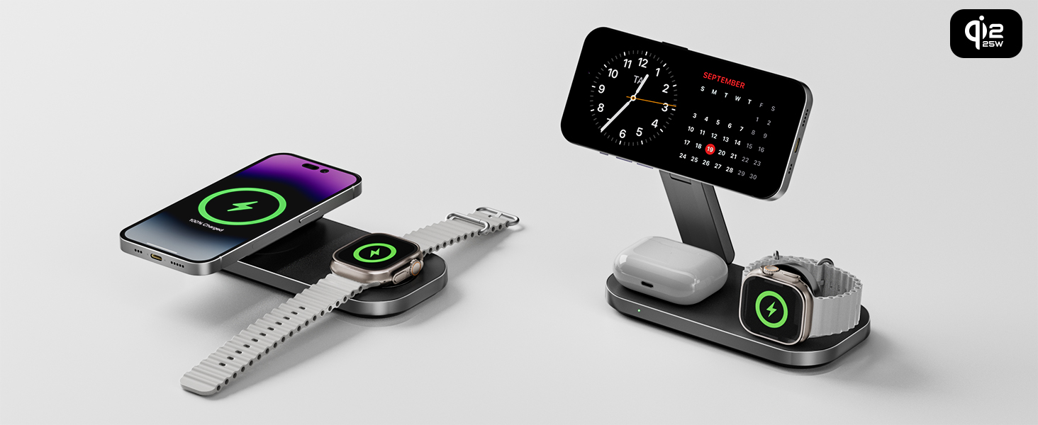 Бездротова зарядка 25W 3-в-1 з MagSafe, складана індуктивна магнітна зарядна станція для iPhone 17/Air/16/15/14/13/12, Apple Watch 10/9/8/7/6/SE/5/4/3 та AirPods Pro (з адаптером 35W), чорна