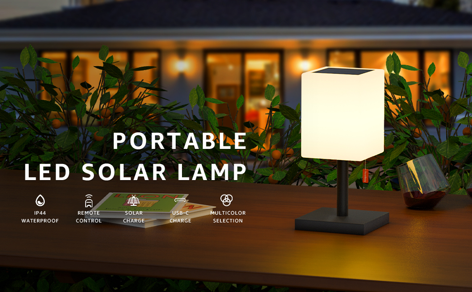 Світлодіодний солярний настільний світильник для вулиці 2-в-1, чорний - бездротовий, з сонячною зарядкою, 8 кольорів, для саду, кемпінгу та столу