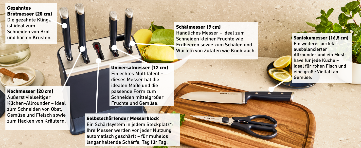 Набір ножів Tefal EverSharp Pro 6 предметів, блок для самозагострення, німецька нержавіюча сталь, синій (K297S744)