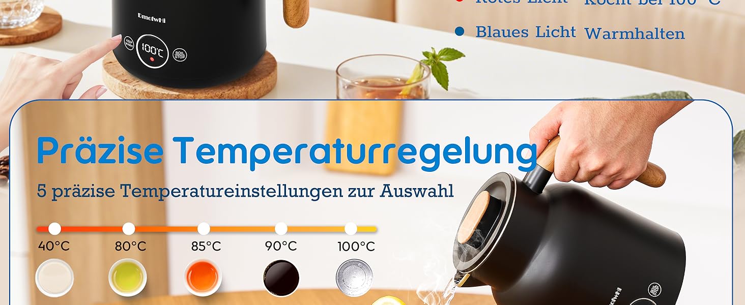 Електричний чайник з регулюванням температури DmofwHi, 1.0л, 1000W, з LED-індикатором, подвійні стінки, без BPA, автоматичне вимкнення та захист від сухого кип'яття (чорний)