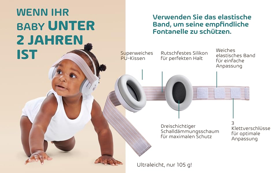 Захисні навушники для немовлят Babeprotect Ear Protect, шумопоглинання 25 дБ, регульовані та комфортні, бежеві (сертифікат CE)