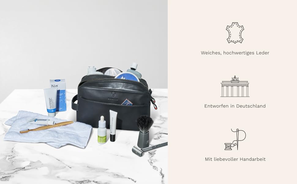 Шкіряна косметичка DONBOLSO Stockholm, преміум-органайзер для подорожей, чорна вінтажна, 25x13x15 см, для жінок і чоловіків, з багатьма відділеннями