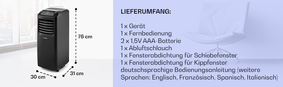 Klarstein Mobile Klimaanlage: 9000 BTU, 3-в-1 (клімат-контроль, вентилятор, осушувач), портативна для дому та офісу, білий/чорний