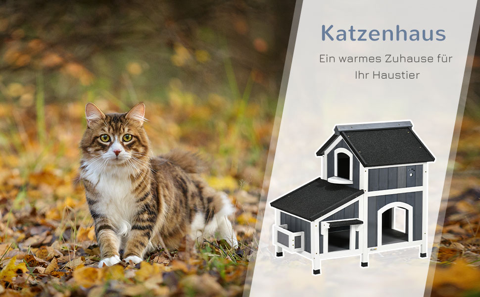 Будинок для котів PawHut на вулицю, 2-поверховий, з дерева сосни, вологостійкий, сірий, 96 x 65 x 85.5 см