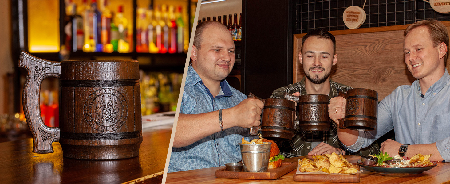 Діжка Wikinger 0.6 л з дуба - середньовічна діжка для пива, кружка, кубок з гравіюванням Молота Тора, рунами. Ідеальний подарунок для чоловіків, дерев'яний кубок з рунами, подарунок на День Святого Валентина