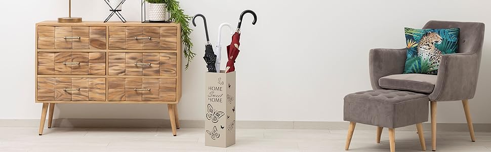 Підставка для парасольки Baroni Home з металу, дизайн модерн, з метеликами, 2 гачки, знімна водяна ємність, бежева, 15,5x15,5x49 см