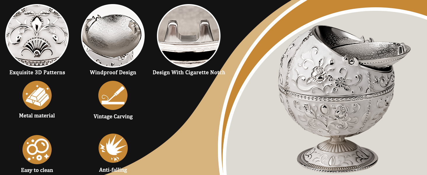 Вінтажна попільничка з кришкою, металева, сріблястого кольору, зі скляною кулею. Вітрозахисна, портативна, для дому, офісу, готелю. Декоративний предмет, подарунок.