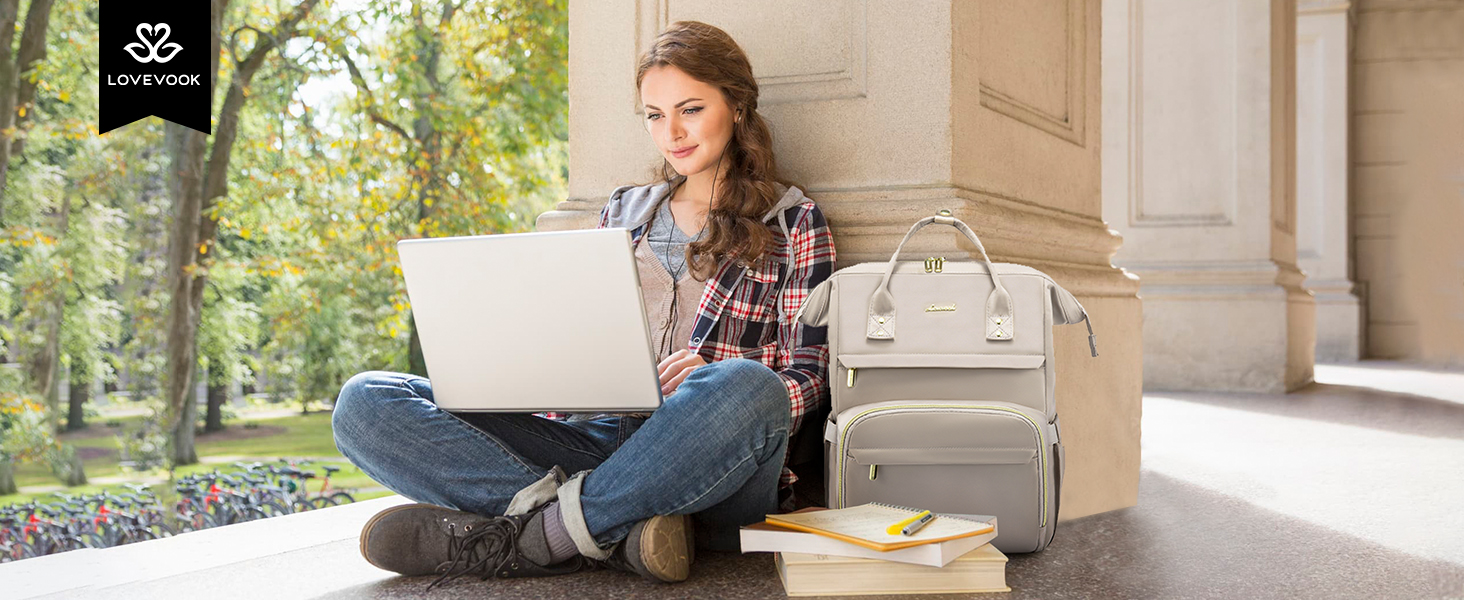 LOVEVOOK Рюкзак для жінок, шкільний рюкзак, рюкзак для ноутбука, водонепроникний, з USB-портом, для навчання, роботи, подорожей, темно-сірий, 17' (15.6', сірий Taro)