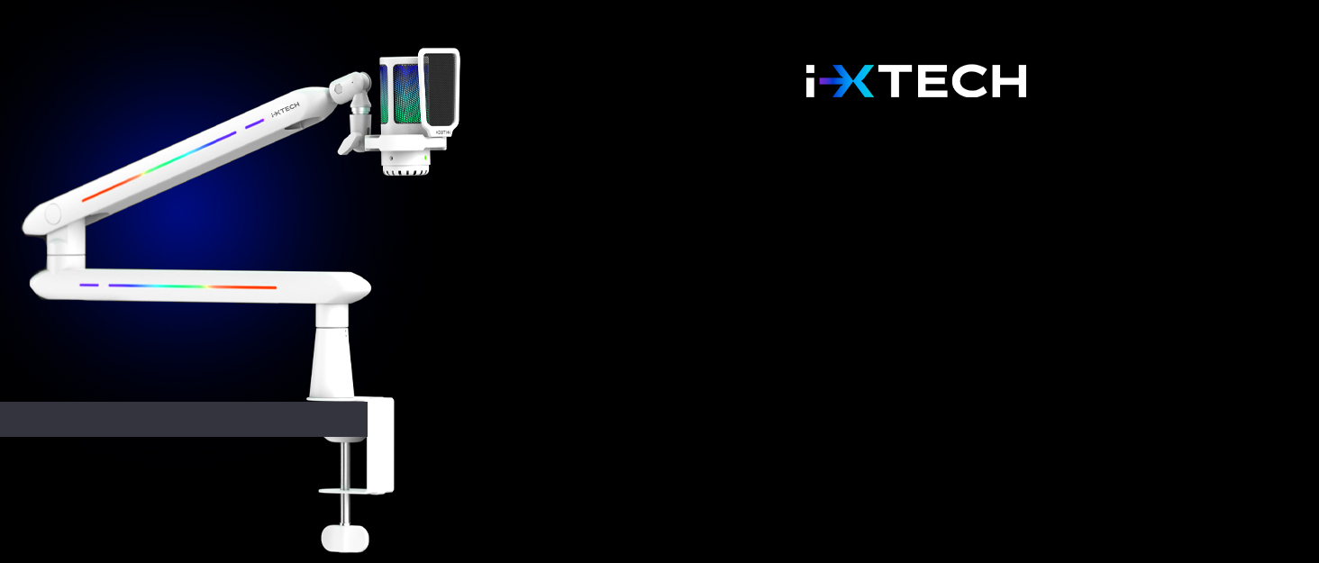 Підставка для мікрофона IXTECH RGB з низьким профілем, регульована, з кріпленням для столу та кабельною організацією, для стрімінгу та подкастів (5 ящірок RGB)