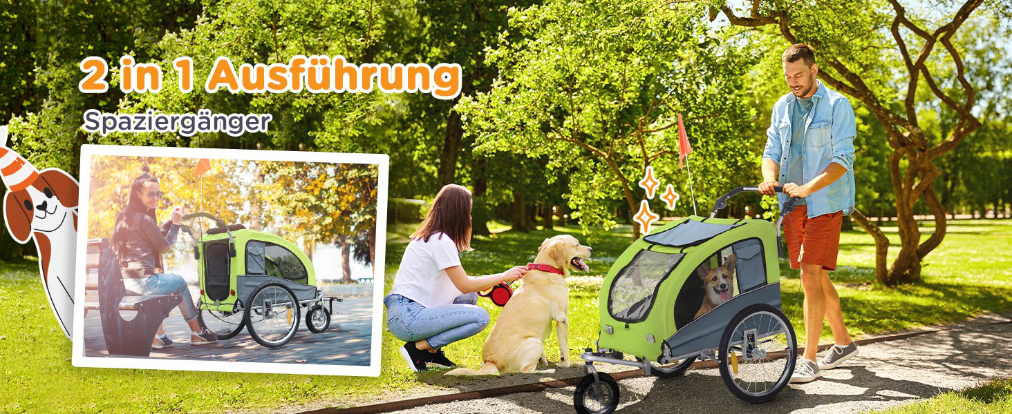 PawHut 2-в-1 Причіп для собак, велосипедний причіп для собак, візок для собак з відбивачами, прапорцем, причіп для собак PawHut, Oxford-тканина (Зелений)