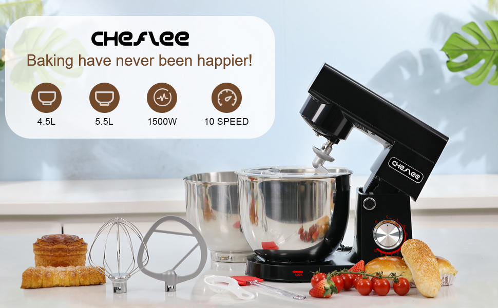 Кухонна машина Cheflee 1500W з чашами 4.5L та 5.5L з нержавіючої сталі, 10+ швидкостей, міксер з гаками для тіста та вінчиком, сплеск-захист (Чорний)