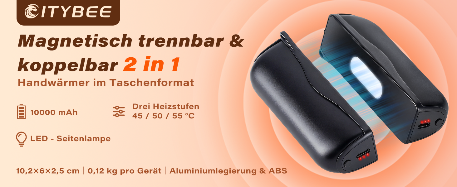 Електричний грілка для рук Citybee 10000 mAh з магнітною підключенням (2 шт.) - портативний нагрівач з підсвічуванням, 3 режими, до 55°C - для кемпінгу, туризму, активного відпочинку