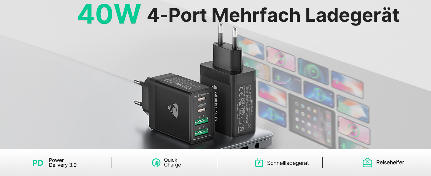 Зарядний пристрій USB-C 2 шт, 4 порти: адаптер для швидкої зарядки 40W PD 3.0 для iPhone 15 Pro Max, Samsung та інших смартфонів - чорний