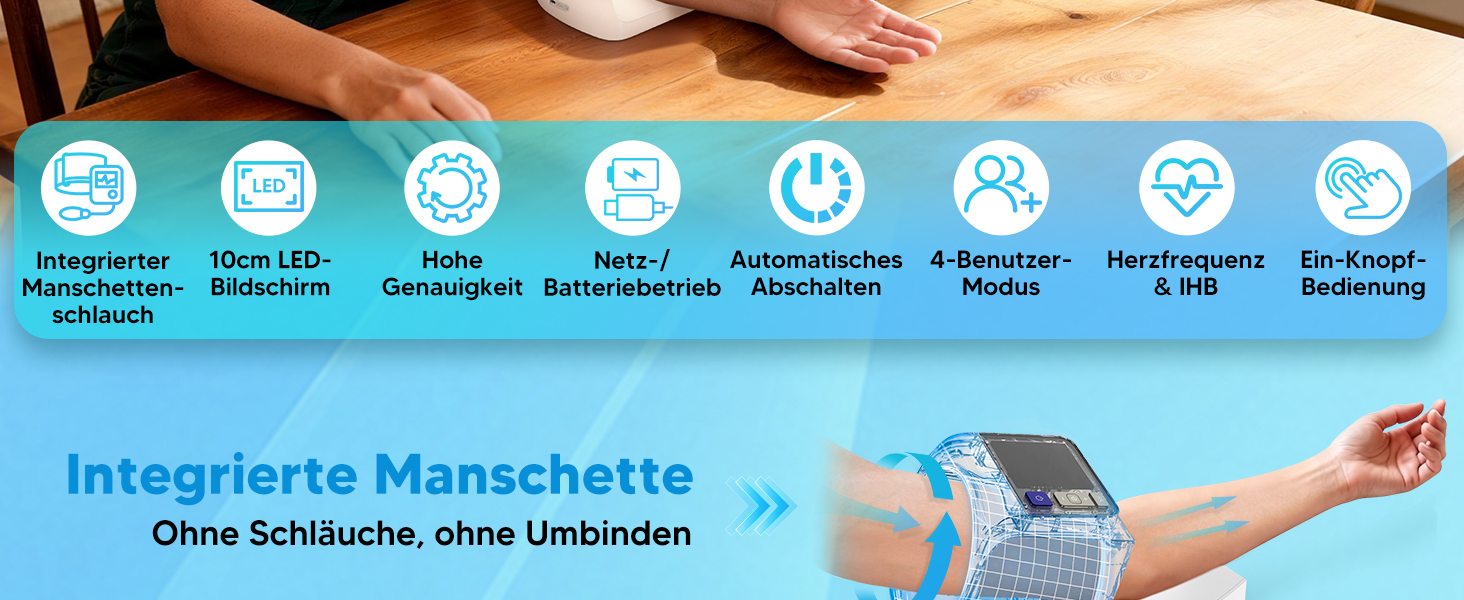 Тонометр на плече Arboleaf з великим LED-дисплеєм, вимірювання пульсу та частоти серцевих скорочень, 4x199 місця пам'яті, зарядка USB-C або AA-батареї, для домашнього використання, білий, компактний
