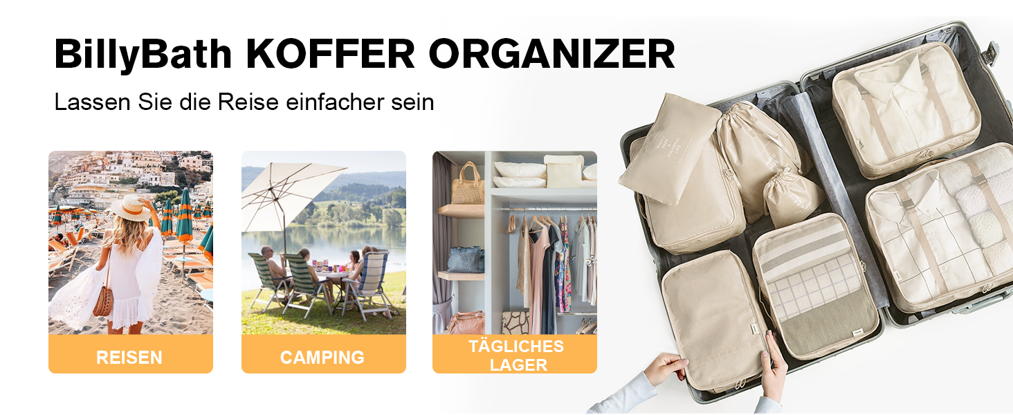 Органайзер для валізи BillyBath, Набір для подорожей (8 шт., сірий): Косметичка, кубики для пакування, сумки для взуття