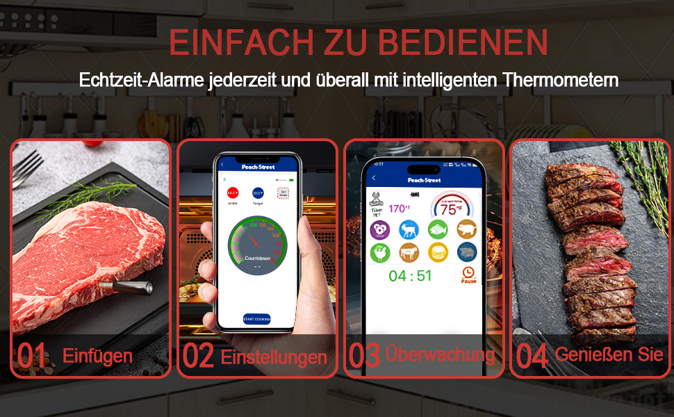 Бездротовий термометр для м'яса PeachStreet з Bluetooth, LED-дисплеєм, 150м, IP68, для кухні, гриля, духовки