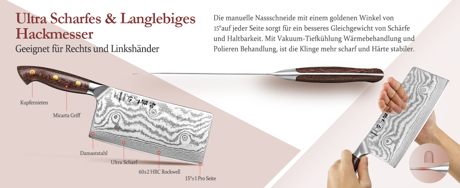 HEZHEN ніж кухарський 21 см дамаст 67 шарів, професійний ніж для кухні з дерев'яною піхвою, full tang ручка з Micarta