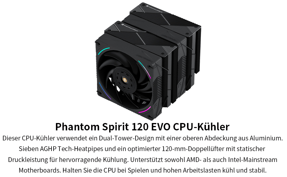 Кулер для процесора Thermalright Phantom Spirit 120 EVO, 7 теплових трубок, 2 PWM вентилятори, 2150 RPM, сумісність з AMD AM4/AM5 та Intel LGA 115X/1200/1700/1851/20XX, чорний