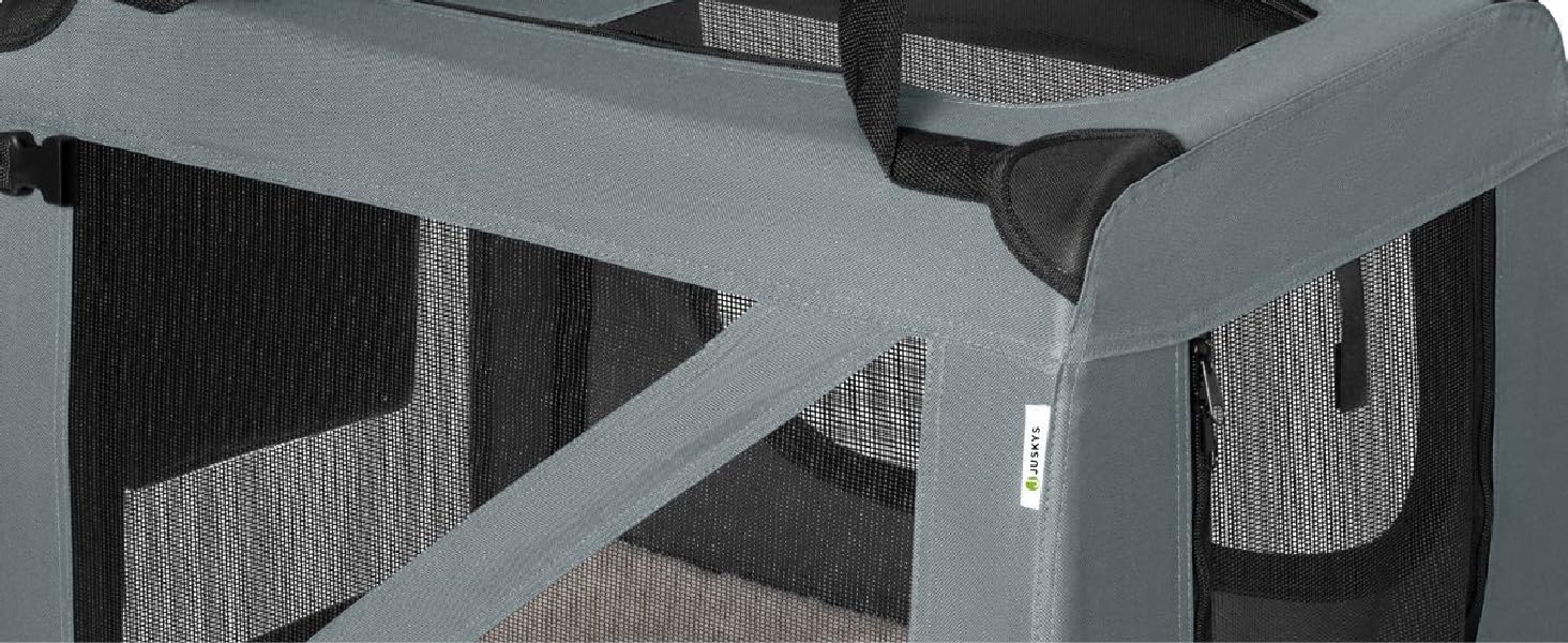 Juskys Collapsible Dog Carrier Box - Portable Travel Crate for Dogs, Cats & Pets - Oxford Fabric, Includes Blanket, Pouch & Handles - Grey, 50x34x36 cm