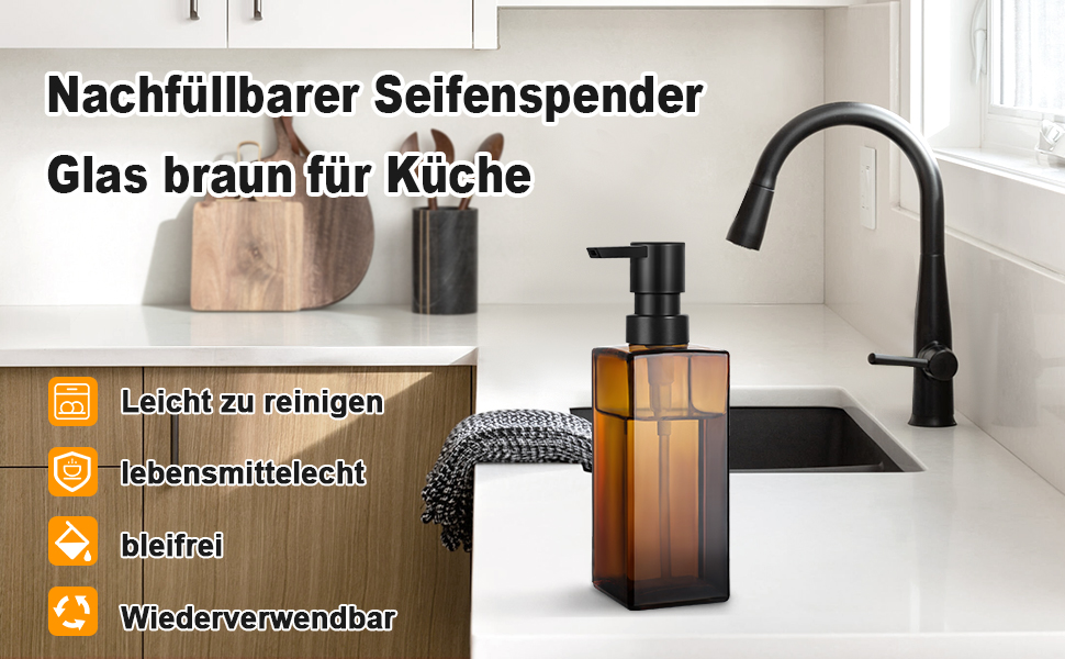 Диспенсер для мила GMISUN для ванної кімнати та кухні, 350 мл, чорний скляний, з піддоном та водонепроникними етикетками