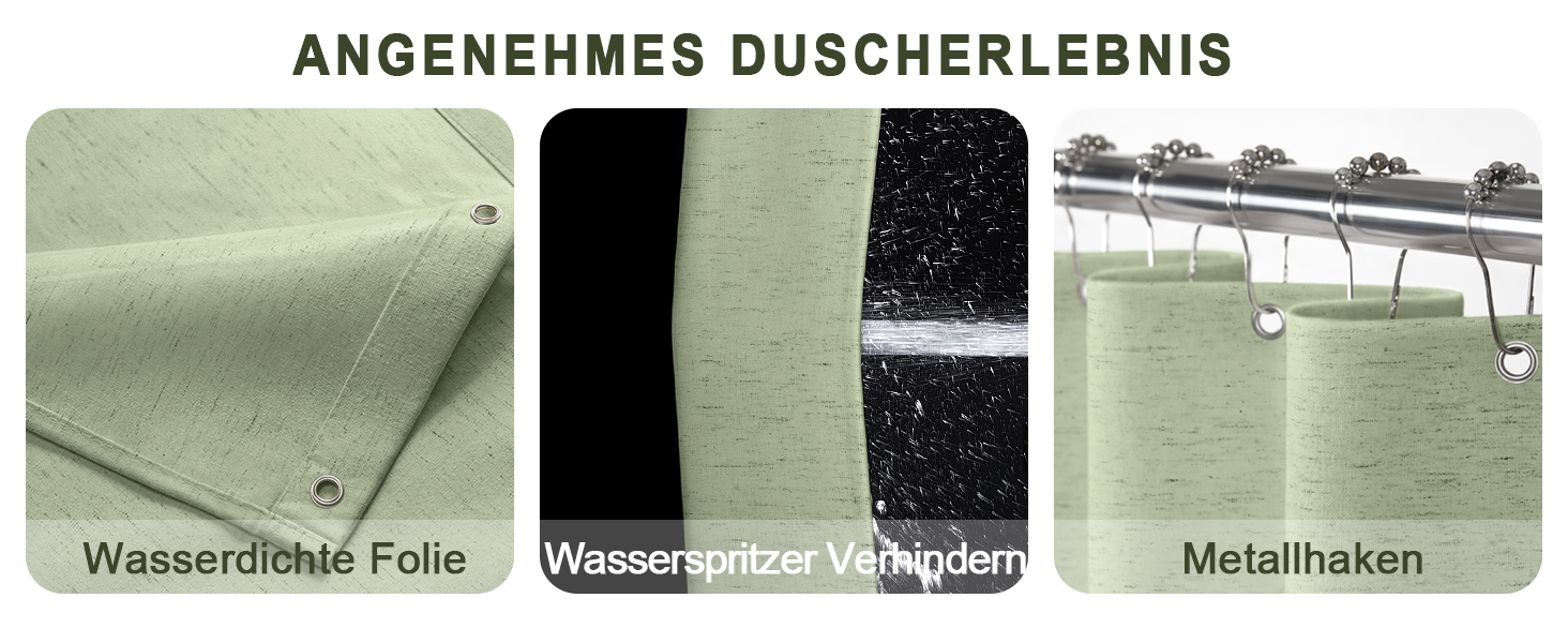 Штора для душу зелена льон 180x200 см, бохо стиль, водонепроникна, тканинна, анти-грибок, для ванної кімнати