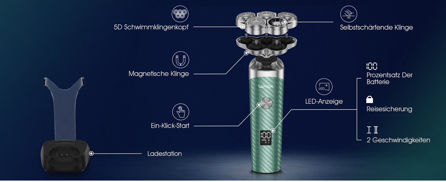 Електричний чоловічий верстат для гоління VOYOR TX500 (зелений) - 5D, мокрий/сухий, USB, LED дисплей, 150 хв роботи