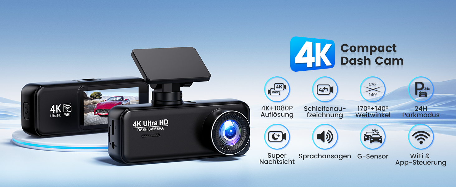 Відеореєстратор SIGRILL Dashcam Auto 4K+1080P з Wi-Fi, двоканальний, з карткою 64GB, нічне бачення, паркувальний режим, G-сенсор, запис по колу, підтримка до 256GB
