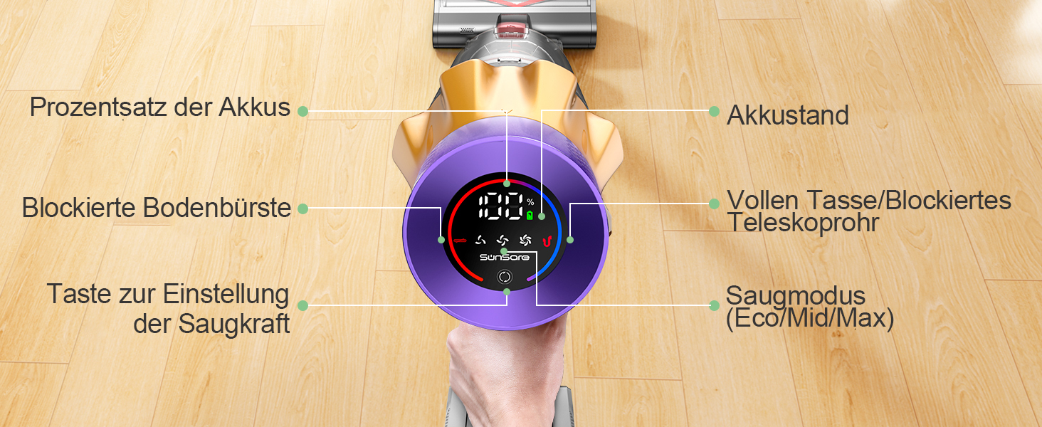 Акумуляторний пилосос SunSare 600W з дисплеєм, 50000Pa, 65хв роботи, для твердих поверхонь, килимів, шерсті тварин