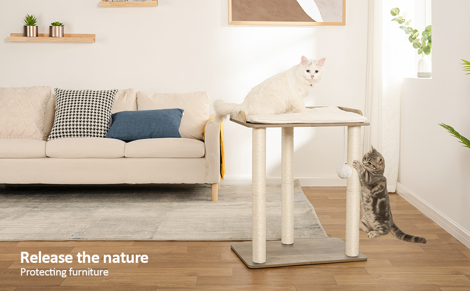Когтеточка для котів FourFurPets, 68 см, три стовпи з цільного сизалю 60 см, платформи 56×40 см, вінтажно-коричнева, грейж