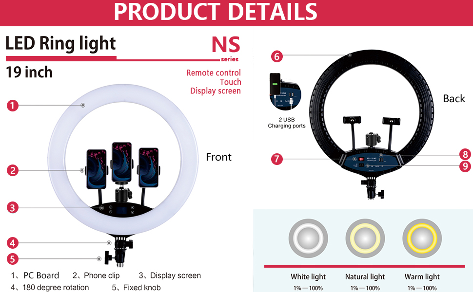 LED кільцеве світло з штативом, 48.3 см, дисплей, сенсорне керування, регульоване світло для макіяжу, студії, портретів, влогів, відеозйомки, з сумкою та пультом дистанційного керування, CRI > 97
