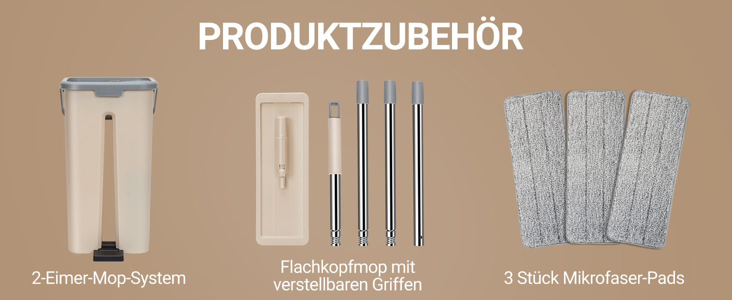 Набір для миття підлоги MASTERTOP з відром, моп з нержавіючою ручкою та 3 насадками, набір 2 в 1 з відром для вичавлювання, плоский моп для твердої підлоги, ламінату, плитки (Бежевий)