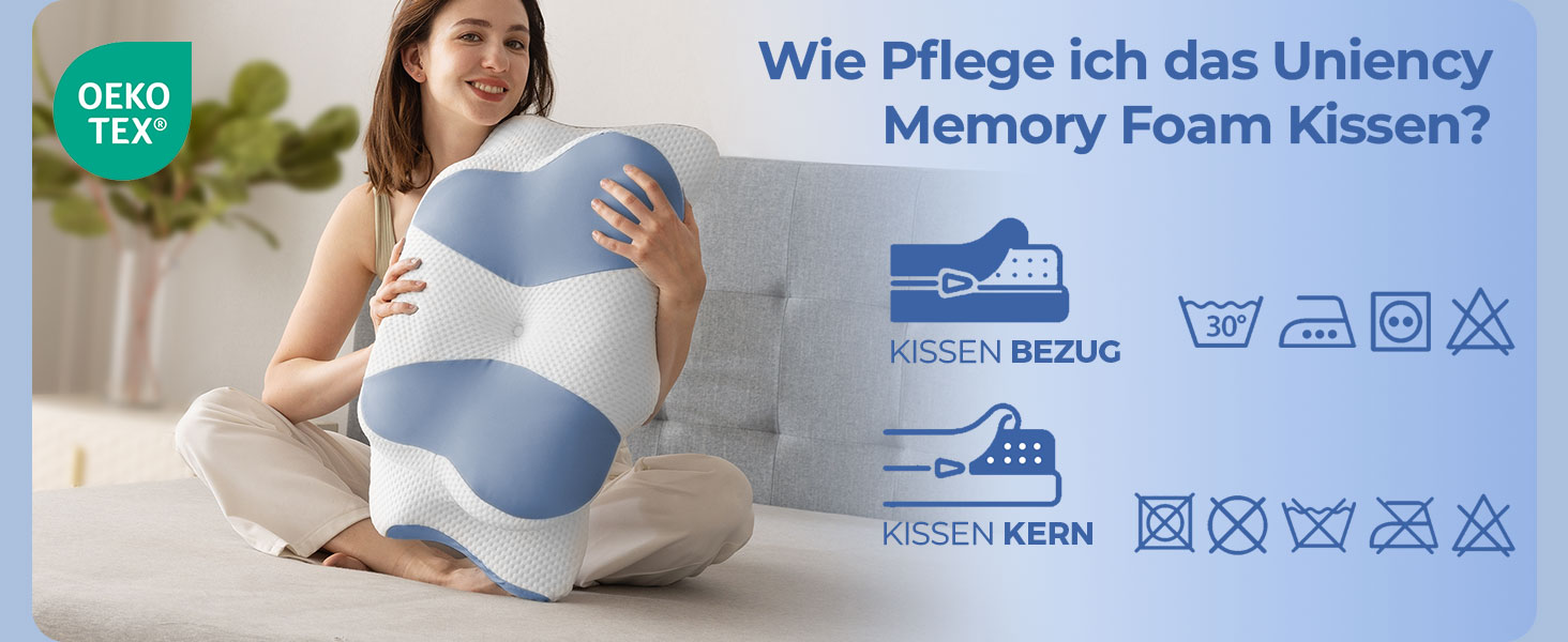 Ортопедична подушка Uniency для шиї з Memory Foam - для сну на боці, спині та животі, зняття болю в шиї та плечей (66 x 40 x 14 см, блакитна)