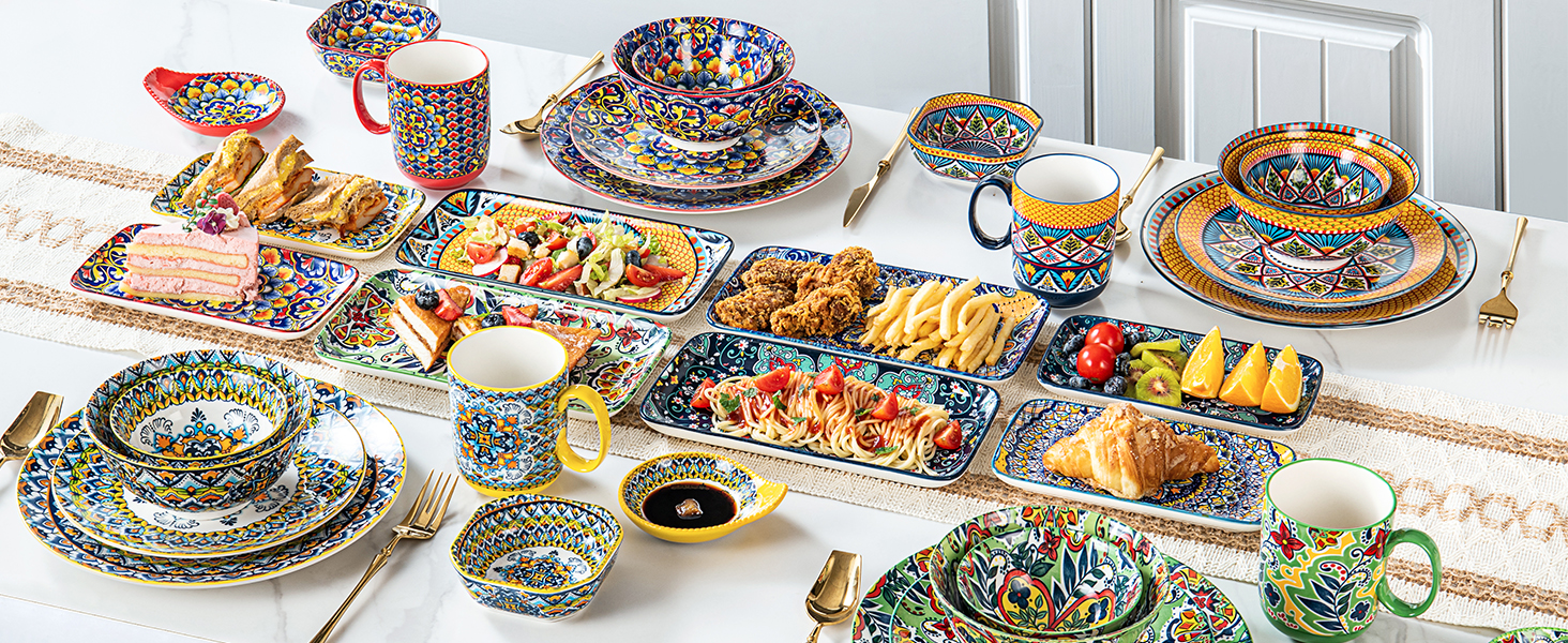 Сервіровочні тарілки HENXFEN з порцеляни, 10 дюймів, набір прямокутних тарілок для салату, закусок, сашимі, богемний квітковий дизайн у 6 яскравих кольорах