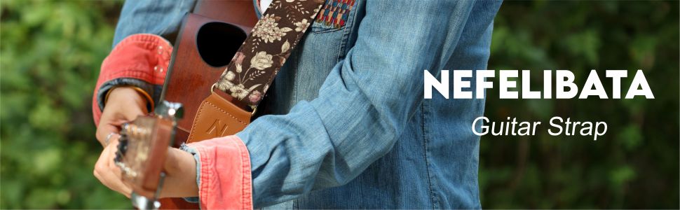 Ремінь для гітари Nefelibata: бавовна з гарячим бронзуванням, шкіряні кінці, для акустичної, електрогітари, бас-гітари та укулеле. З регулюванням від 38' до 64', ключ для ременя, медіатори та фіксатори. Колір: Гранат