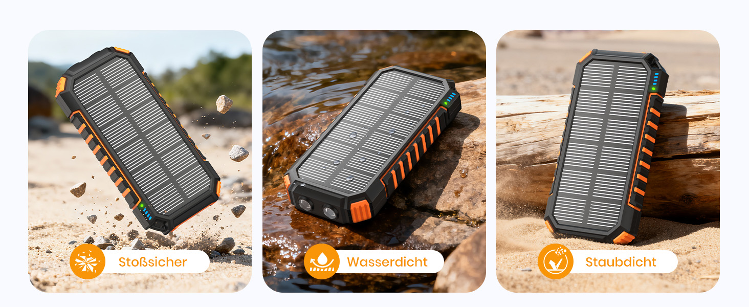 Power Bank Fandealo 27000mAh з сонячною панеллю – 22,5W, PD, QC 3.0, USB-C, 2 кабелі, 2 ліхтарики, для смартфонів, планшетів, кемпінгу