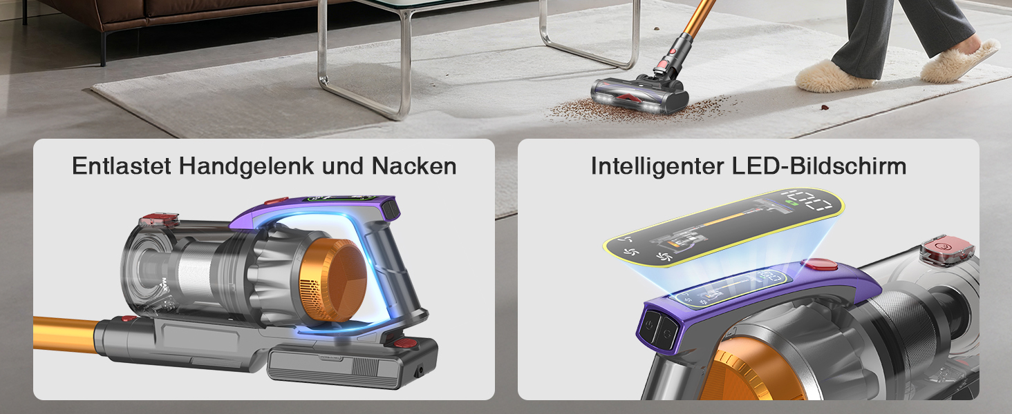 Бездротовий акумуляторний пилосос CHEBIO 580W з LED-дисплеєм, антизаплутувальною насадкою та потужністю 48000Pa. Підходить для прибирання підлоги, килима та шерсті тварин.