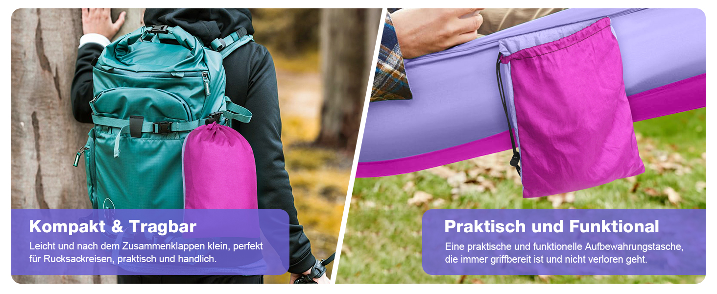 Гамак дорожній подвійний 295x140 см, рожево-ліловий, вантажопідйомність 350 кг - з карабінами та ременями для кріплення