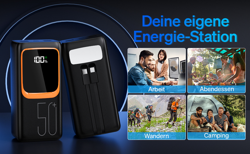 Портативний зарядний пристрій Power Bank 50000 mAh з вбудованим кабелем: швидка зарядка 22,5W, велика ємність, LED-ліхтарик, 7 виходів & 3 входи, чорний