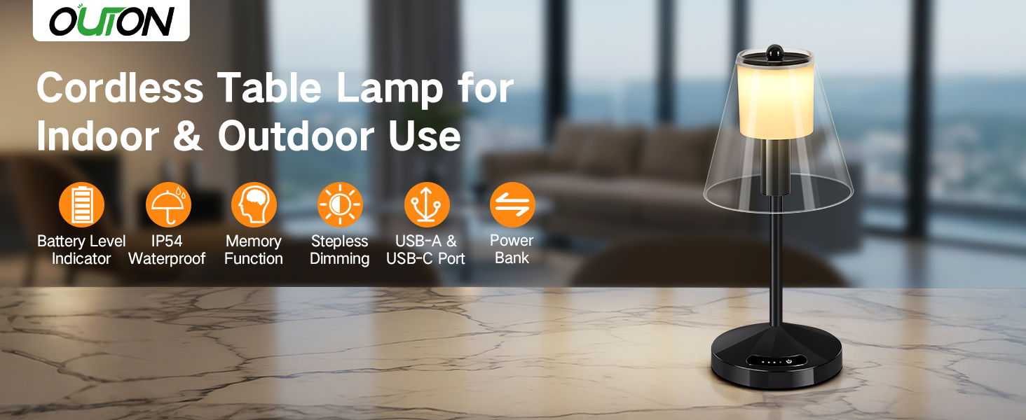 OUTON Бездротова LED-лампа настільна з торканням, регулювання яскравості, 3 режими кольору (3000K–6000K), акумулятор 4000mAh, USB-C, до 120 годин роботи, пам'ять, для спальні, бару та декору, чорна